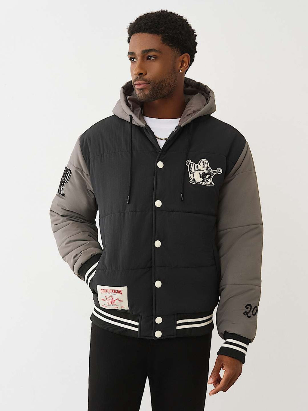 TRUE RELIGION JACKET VARSITY HOODED PUFFER JET BLACK-GRANITE GREY