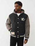 TRUE RELIGION JACKET VARSITY HOODED PUFFER JET BLACK-GRANITE GREY