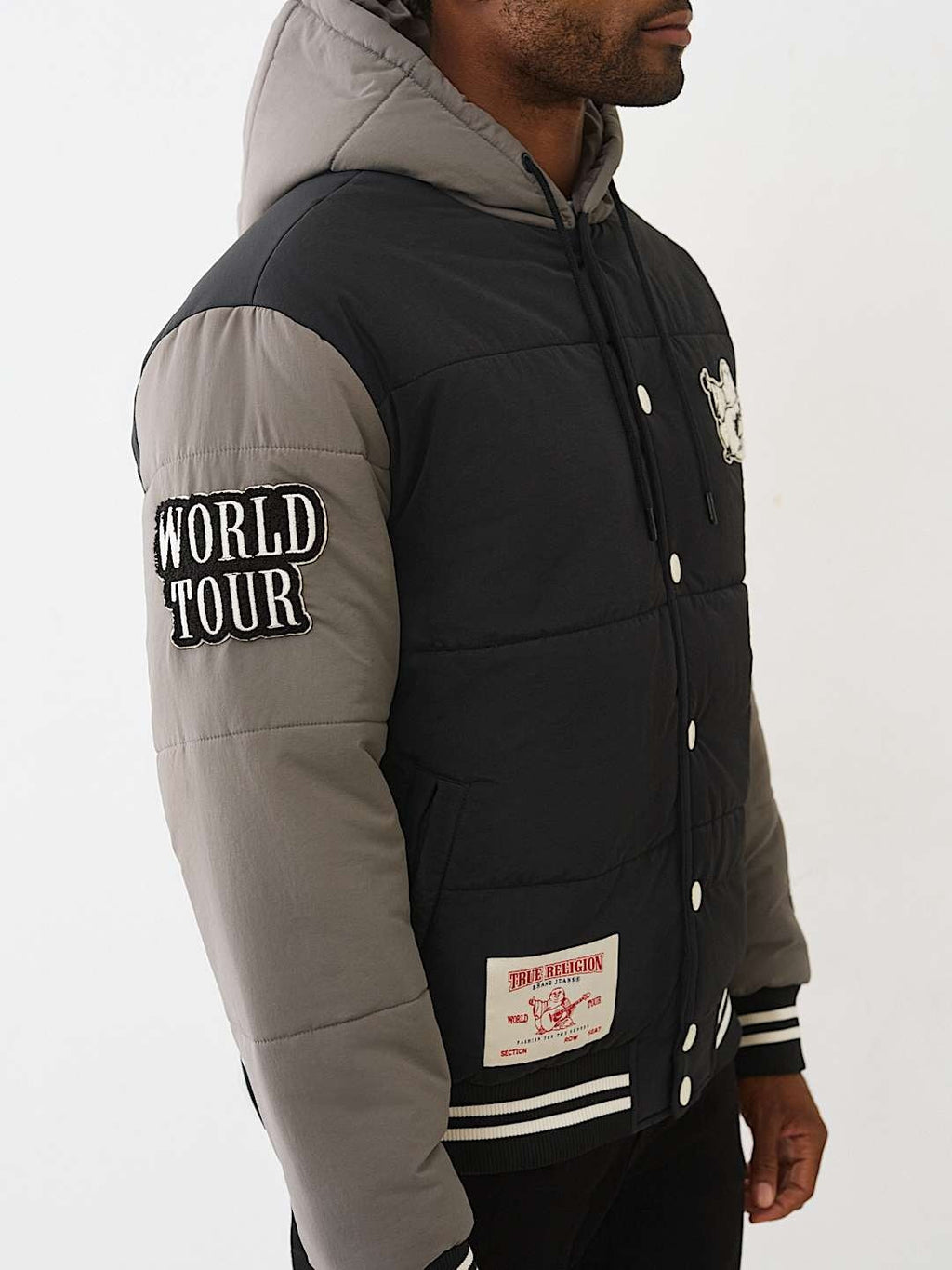 TRUE RELIGION JACKET VARSITY HOODED PUFFER JET BLACK-GRANITE GREY