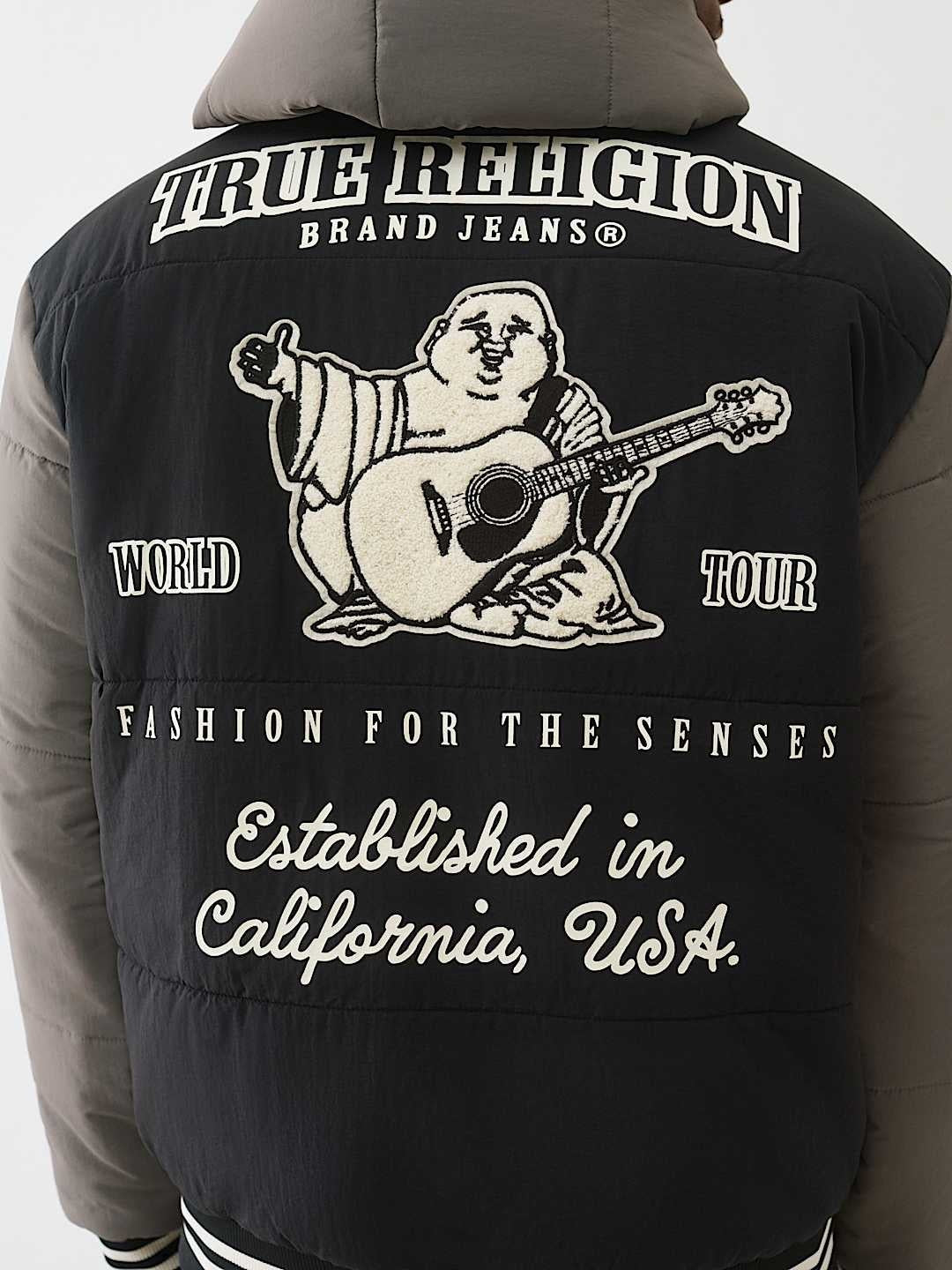TRUE RELIGION JACKET VARSITY HOODED PUFFER JET BLACK-GRANITE GREY
