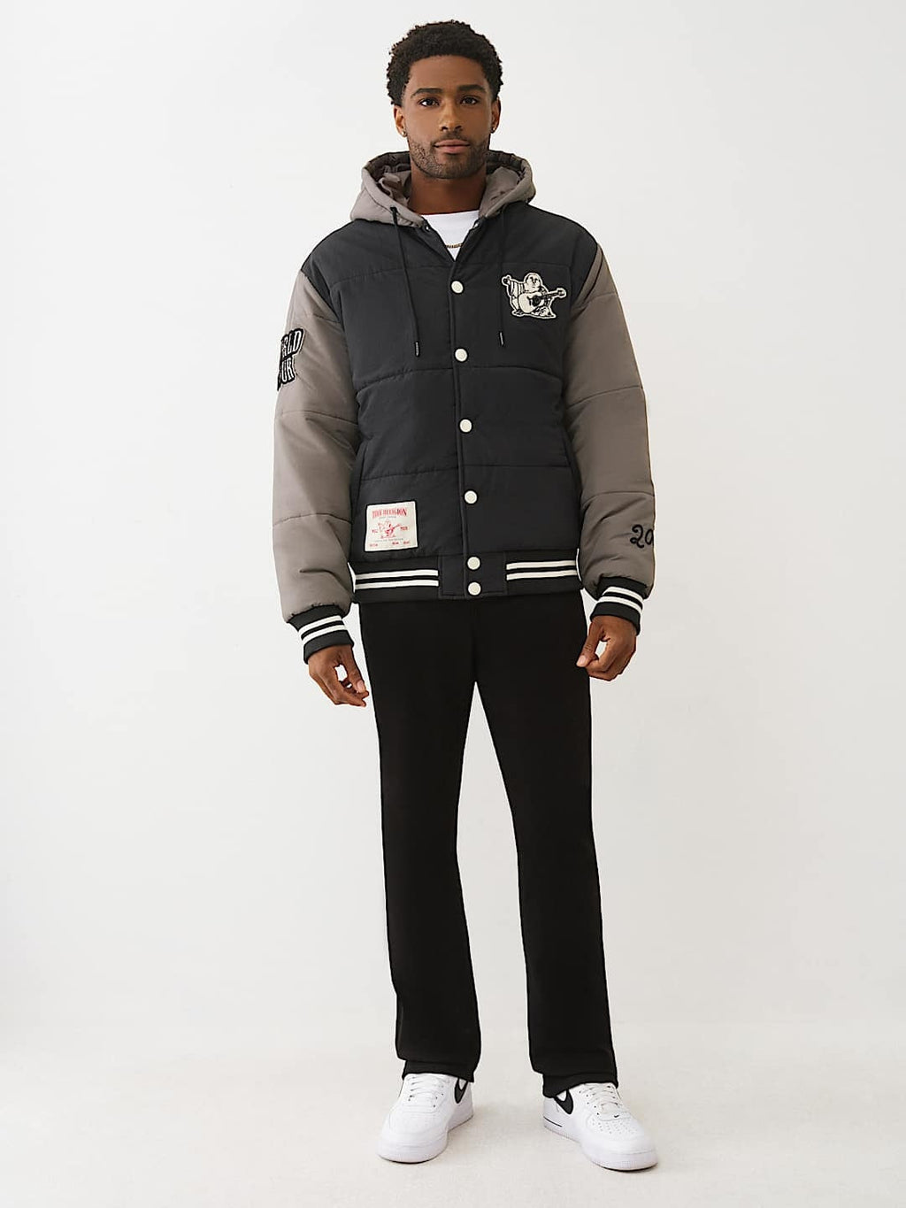TRUE RELIGION JACKET VARSITY HOODED PUFFER JET BLACK-GRANITE GREY