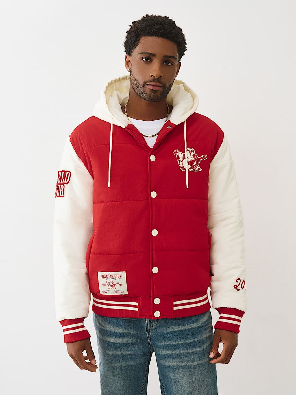 TRUE RELIGION JACKET VARSITY HOODED PUFFER RED-WINTER WHITE
