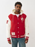 TRUE RELIGION JACKET VARSITY HOODED PUFFER RED-WINTER WHITE