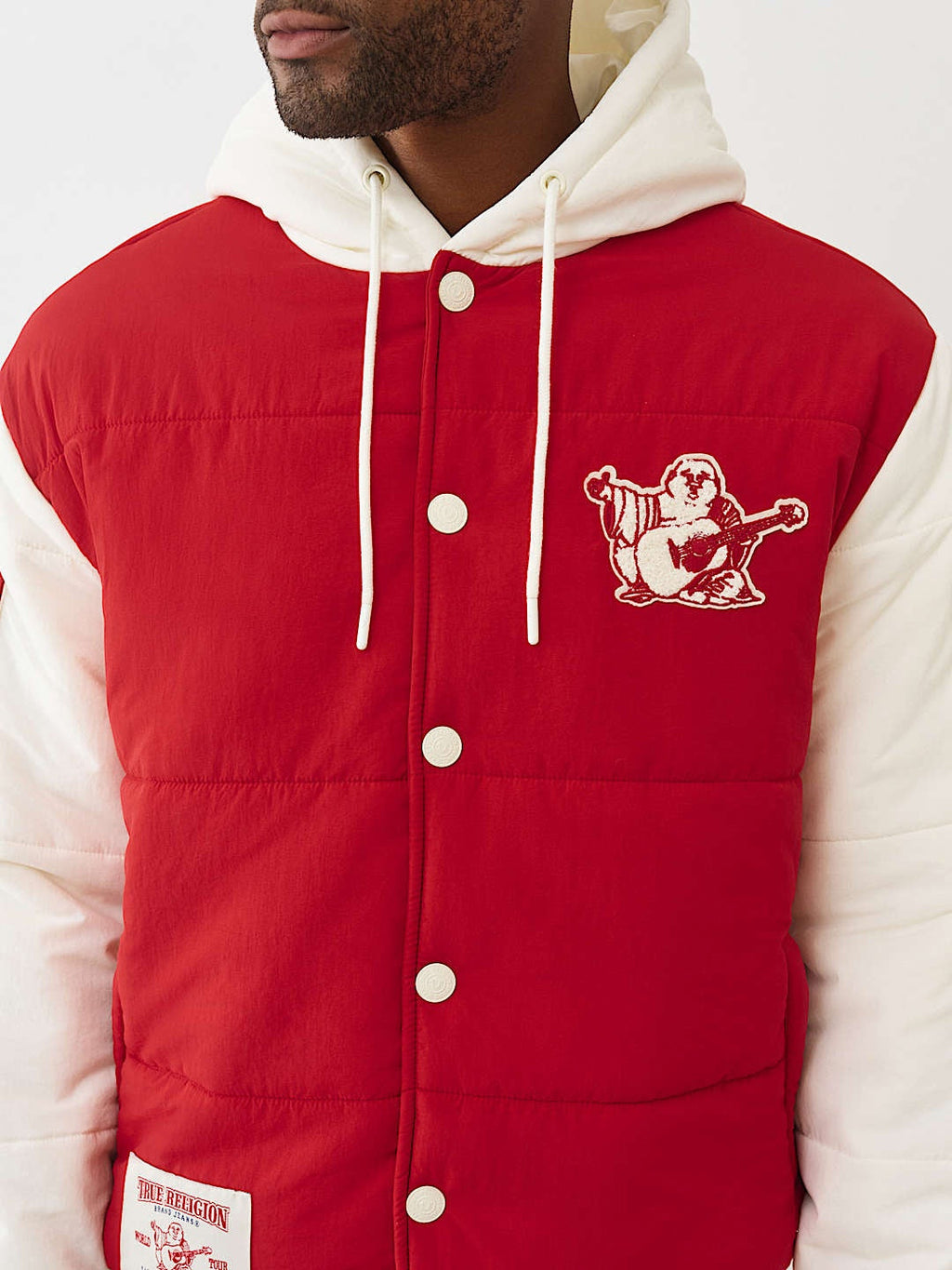 TRUE RELIGION JACKET VARSITY HOODED PUFFER RED-WINTER WHITE