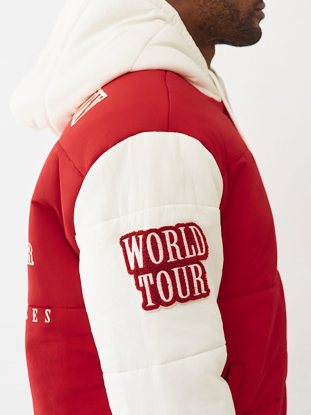 TRUE RELIGION JACKET VARSITY HOODED PUFFER RED-WINTER WHITE