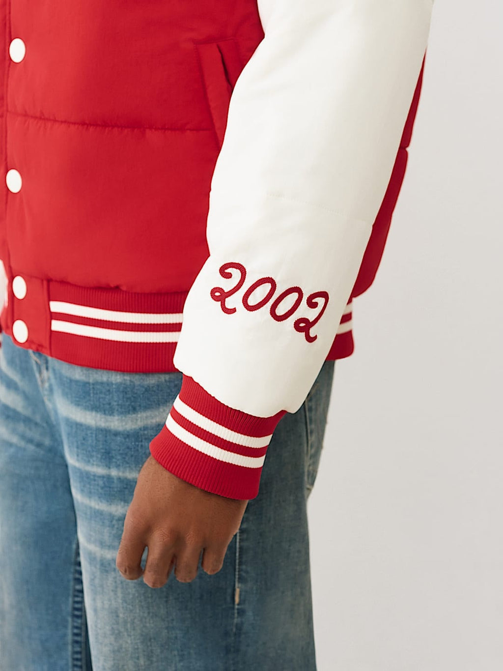 TRUE RELIGION JACKET VARSITY HOODED PUFFER RED-WINTER WHITE