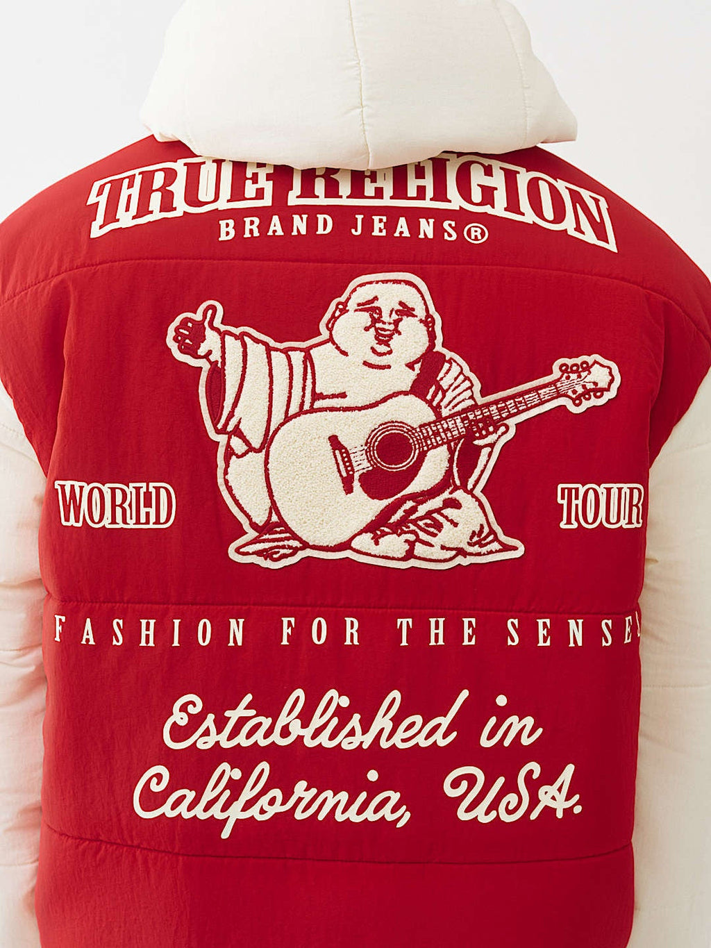 TRUE RELIGION JACKET VARSITY HOODED PUFFER RED-WINTER WHITE