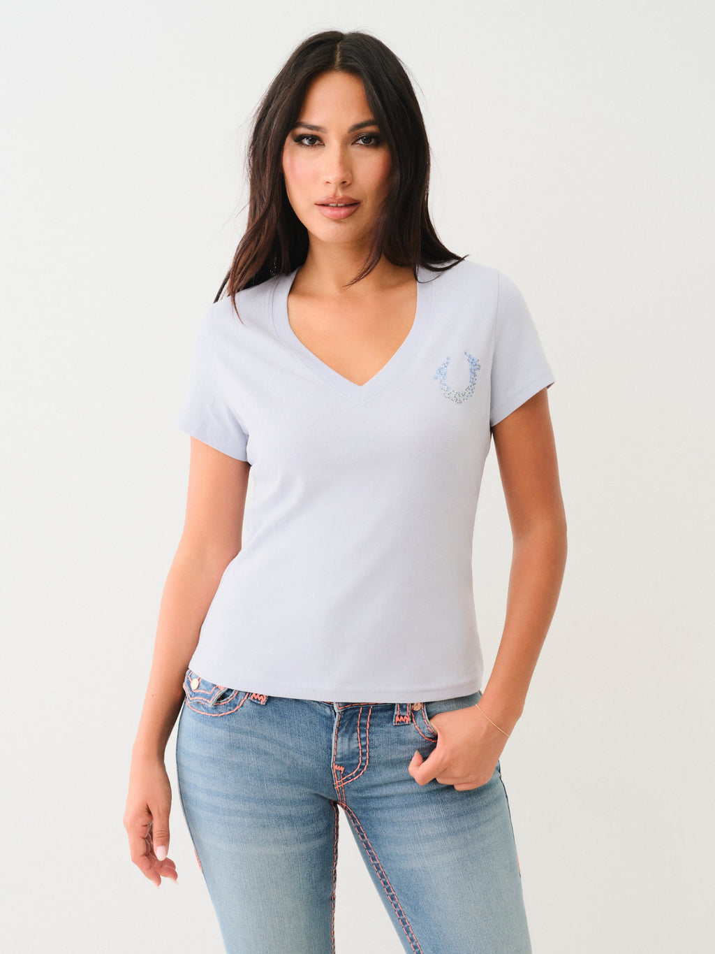True Religion Hs Ombre Crystals V Neck Tee Zen Blue