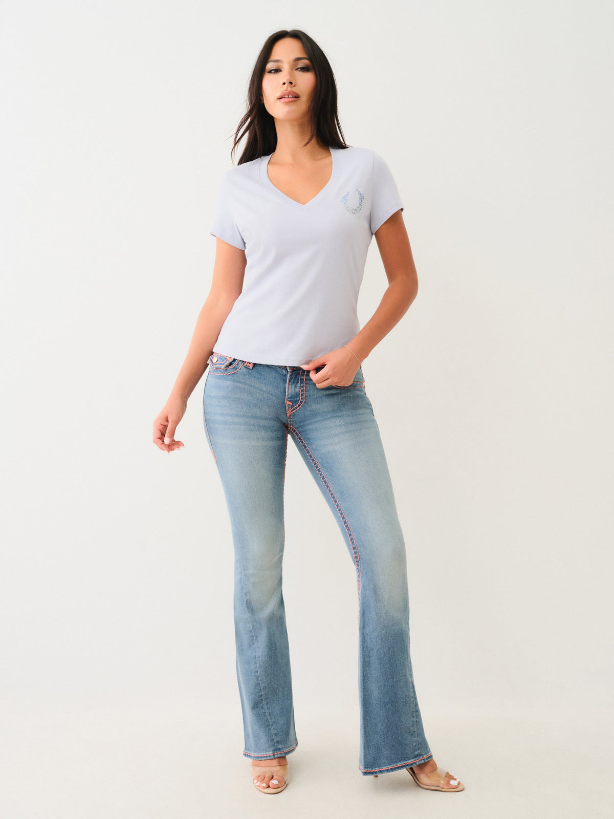 True Religion Hs Ombre Crystals V Neck Tee Zen Blue