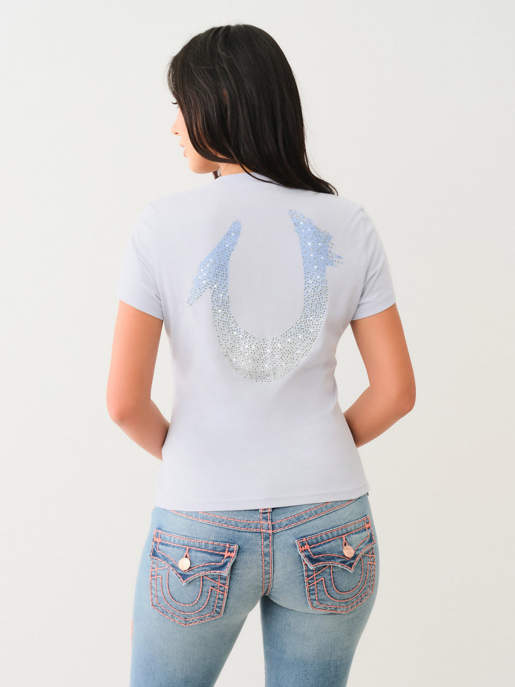 True Religion Hs Ombre Crystals V Neck Tee Zen Blue
