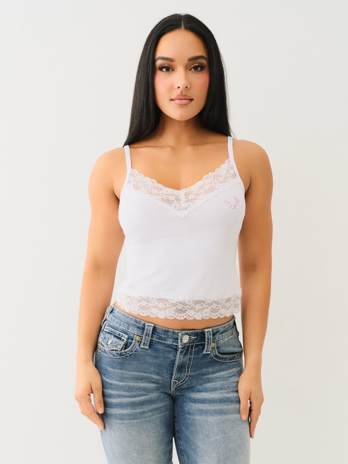 True Religion Hs Crystl Embroidery Lace Tank Optic White