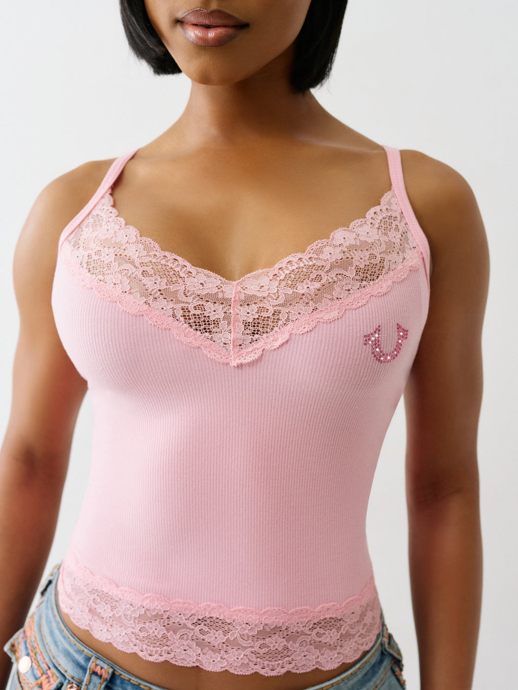 True Religion Hs Crystl Embroidery Lace Tank Candy Pink