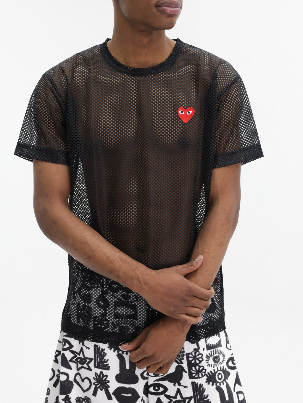 Comme Des Garcons T-Shirt Red Emblem Mesh Black