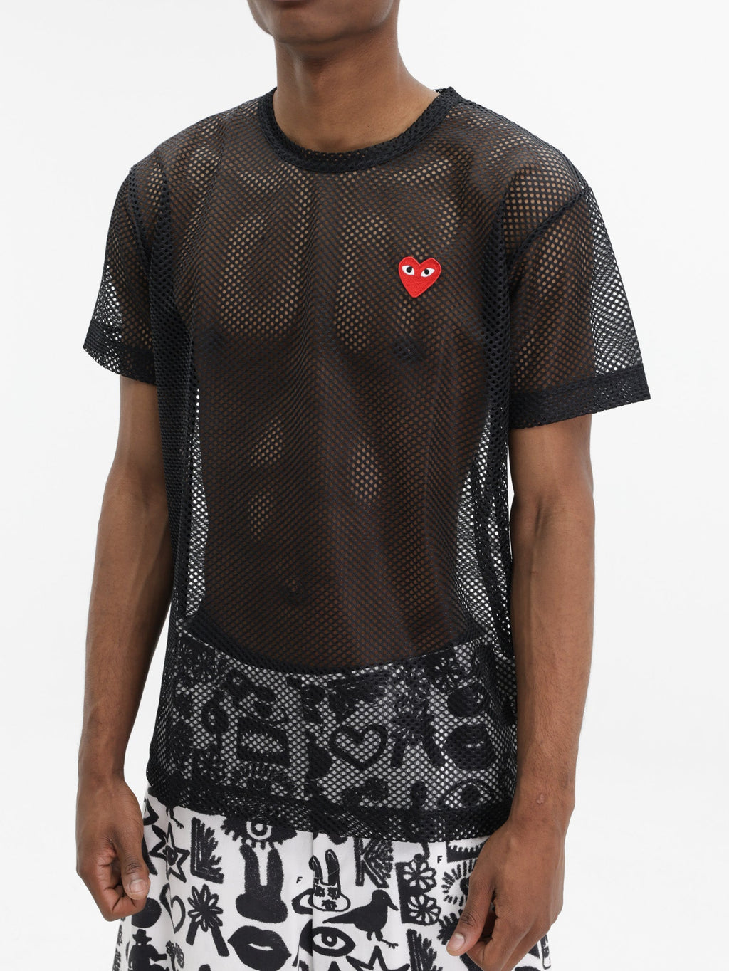 Comme Des Garcons T-Shirt Red Emblem Mesh Black