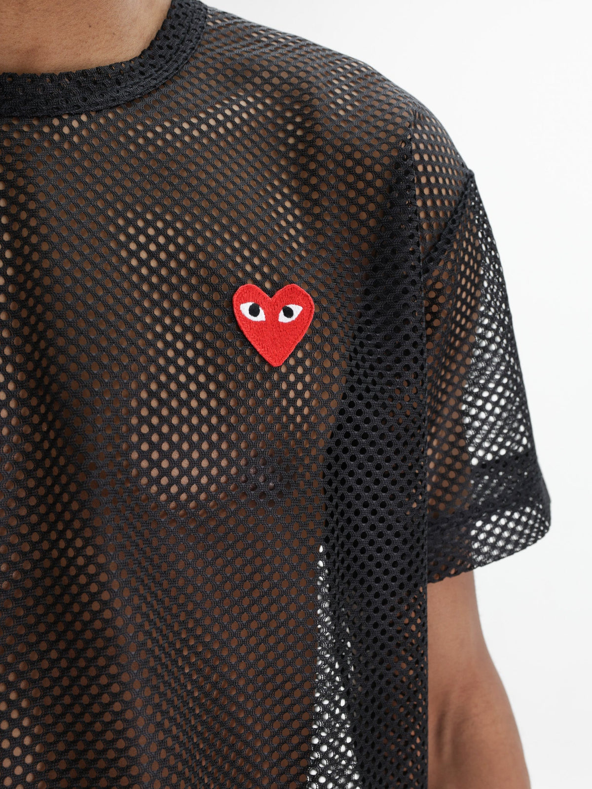 Comme Des Garcons T-Shirt Red Emblem Mesh Black