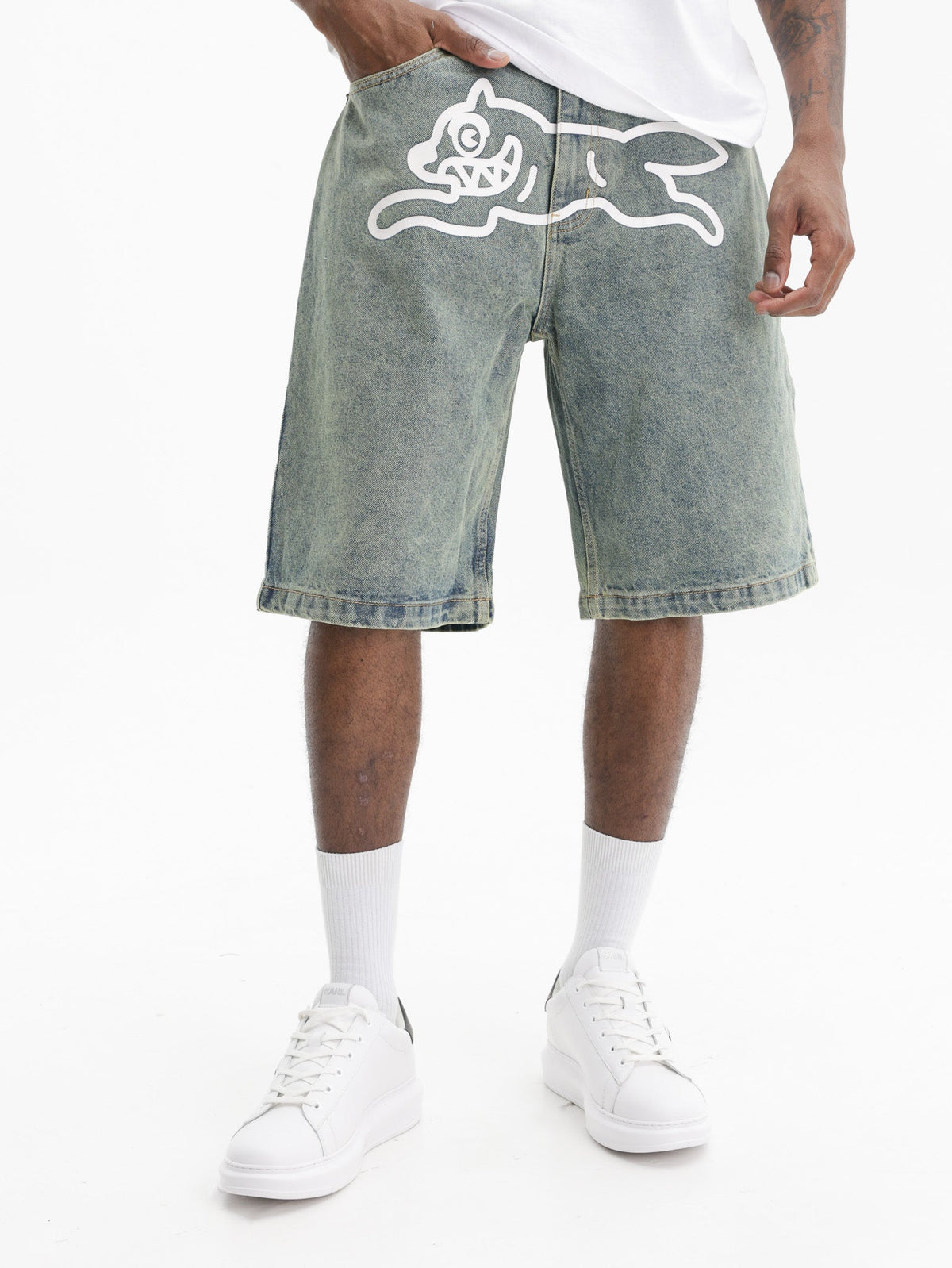 Ice-cream Shorts White Dog Logo Denim Vintage Wash