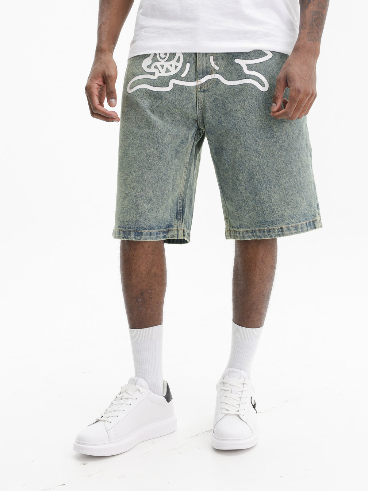 Ice-cream Shorts White Dog Logo Denim Vintage Wash