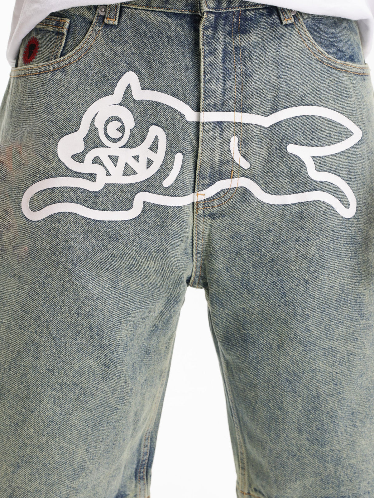 Ice-cream Shorts White Dog Logo Denim Vintage Wash