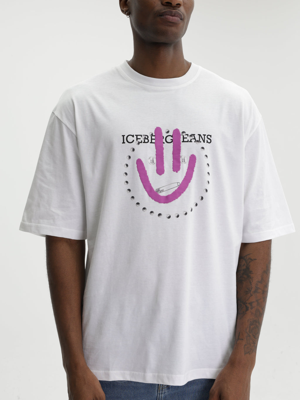 Iceberg Jeans T-Shirt Purple Smiley Print White
