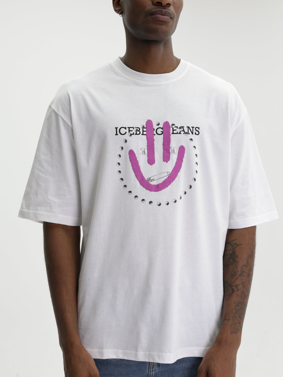 Iceberg Jeans T-Shirt Purple Smiley Print White