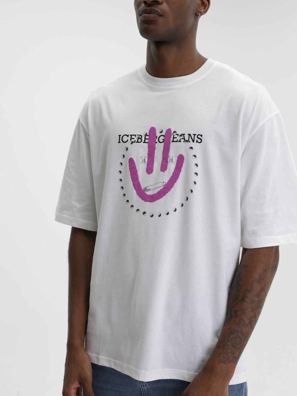 Iceberg Jeans T-Shirt Purple Smiley Print White