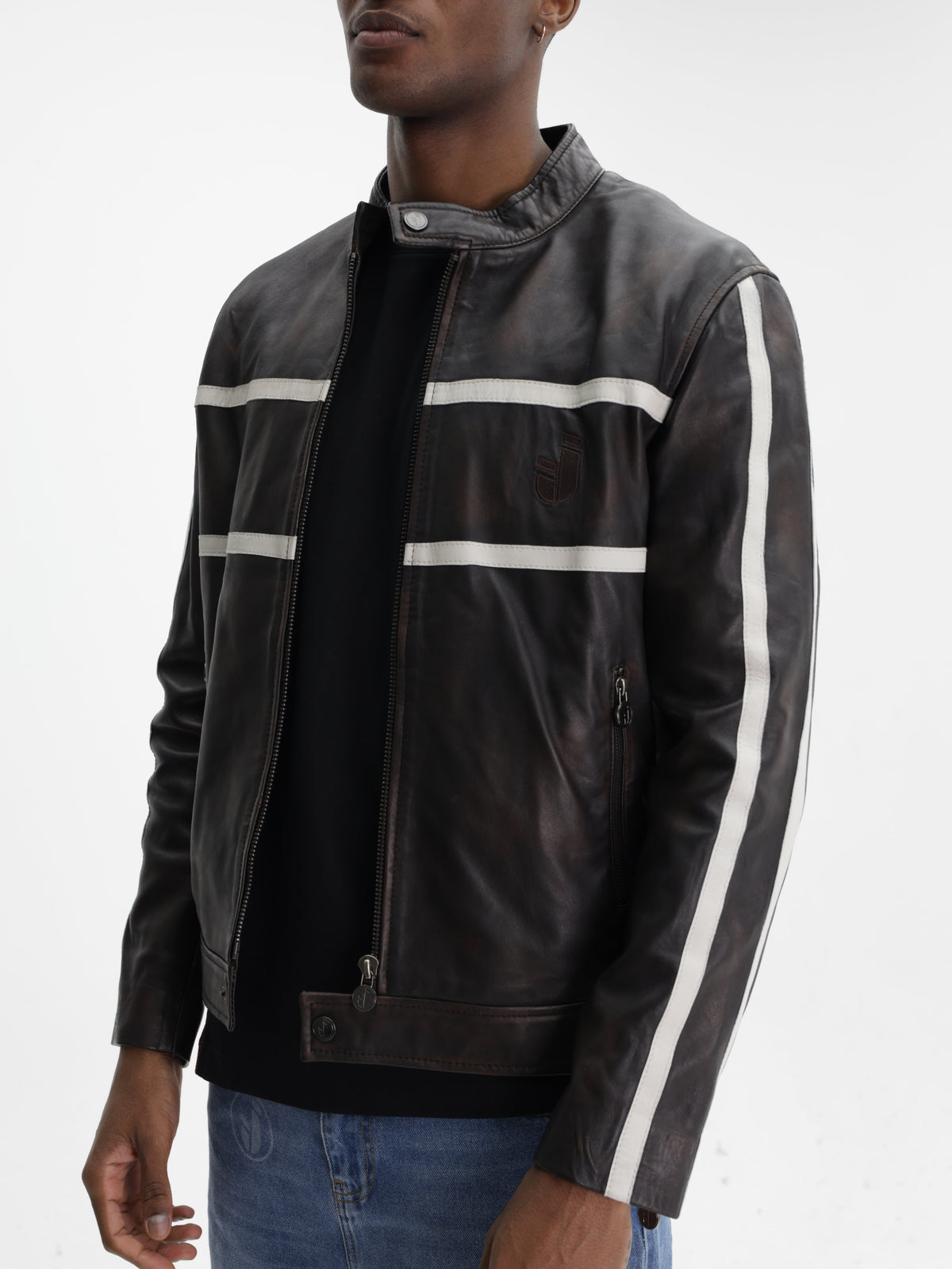 Iceberg Jeans Jacket White Stripe Leather Black