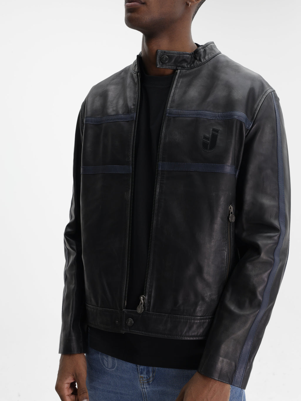 Iceberg Jeans Jacket Leather Navy Stripes Black