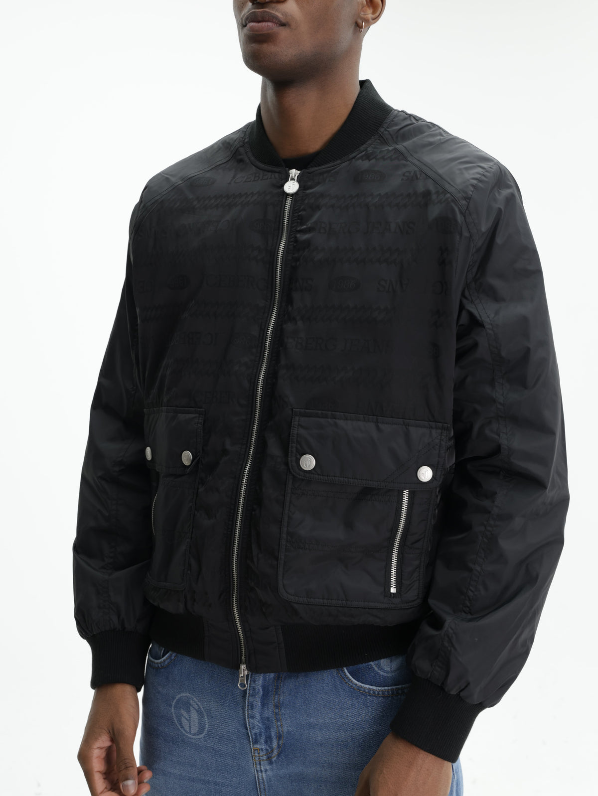 Iceberg Jeans Jacket Silver Zip Cuffed  Black