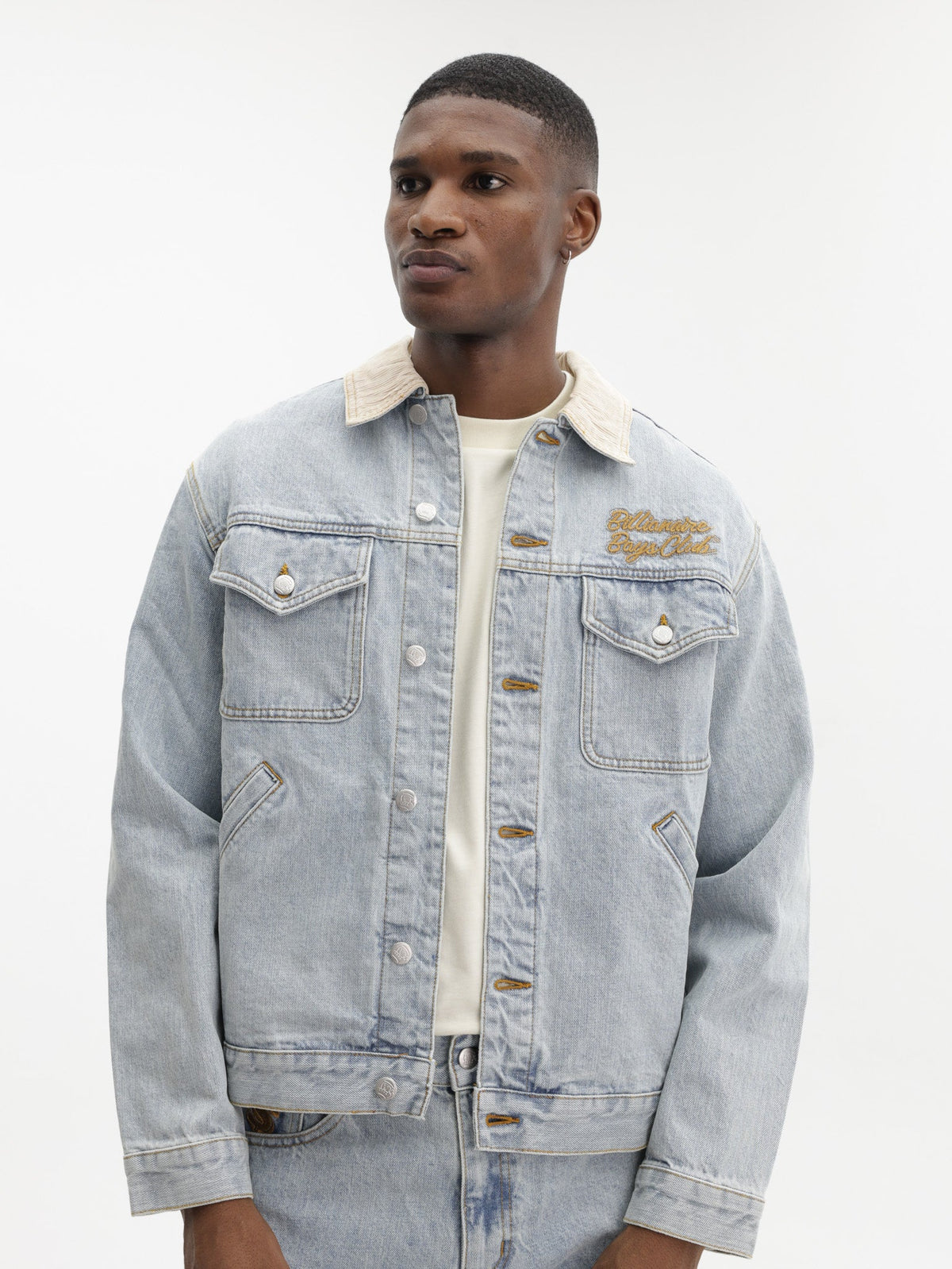 Billionaire Boys Club Denim Jacket Souvenir Cord Collar Trucker Light Wash Blue