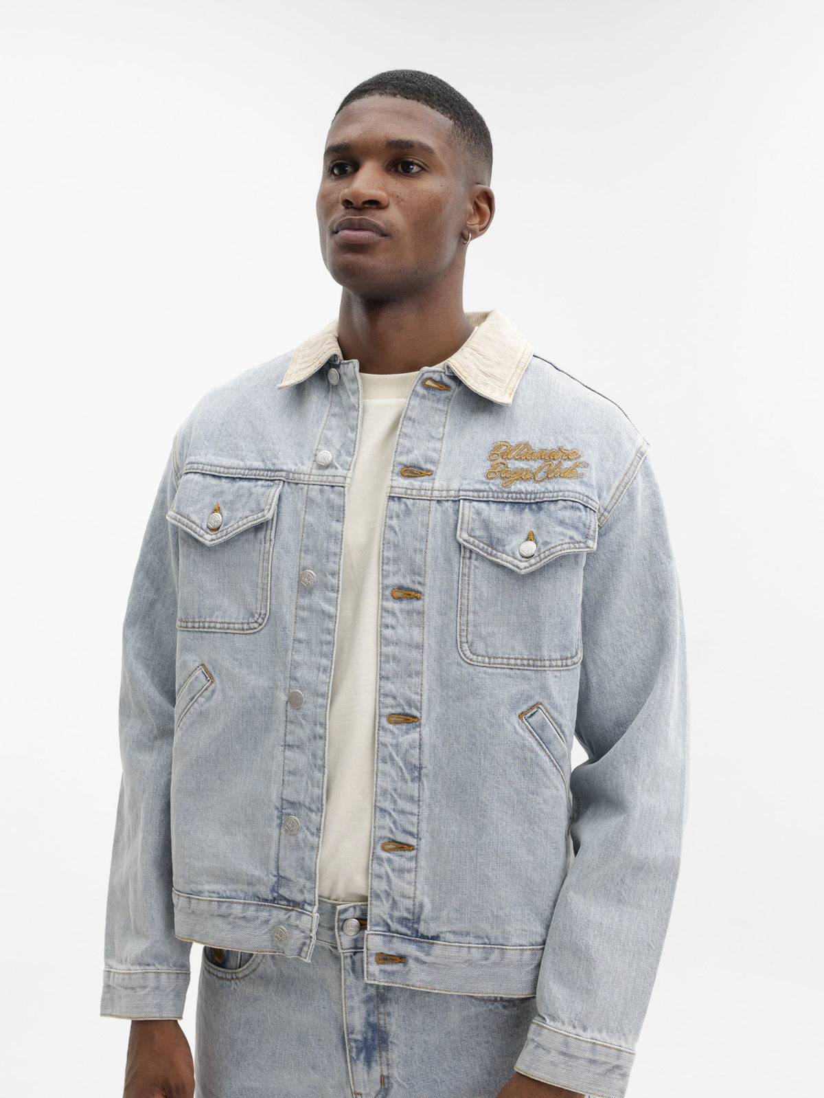 Billionaire Boys Club Denim Jacket Souvenir Cord Collar Trucker Light Wash Blue