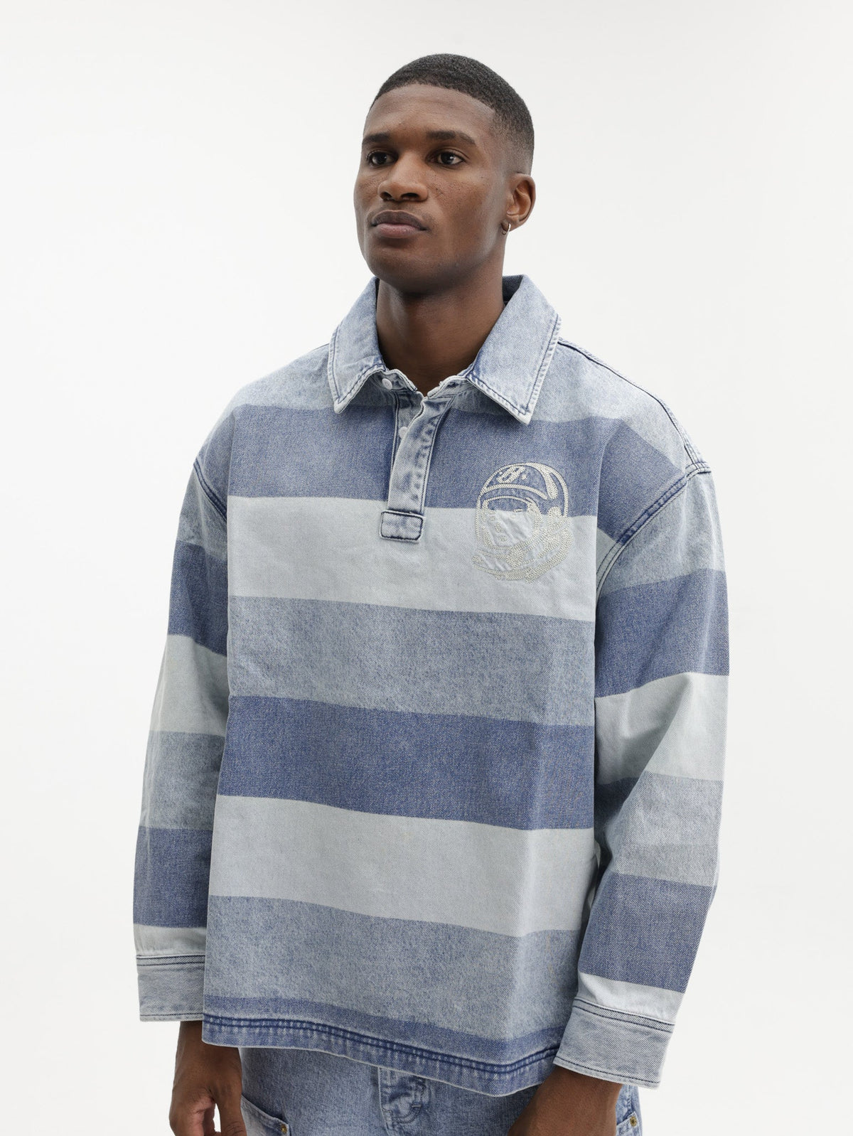 Billionaire Boys Club Shirt Script Denim Long Sleeve Rugby Light Wash Blue