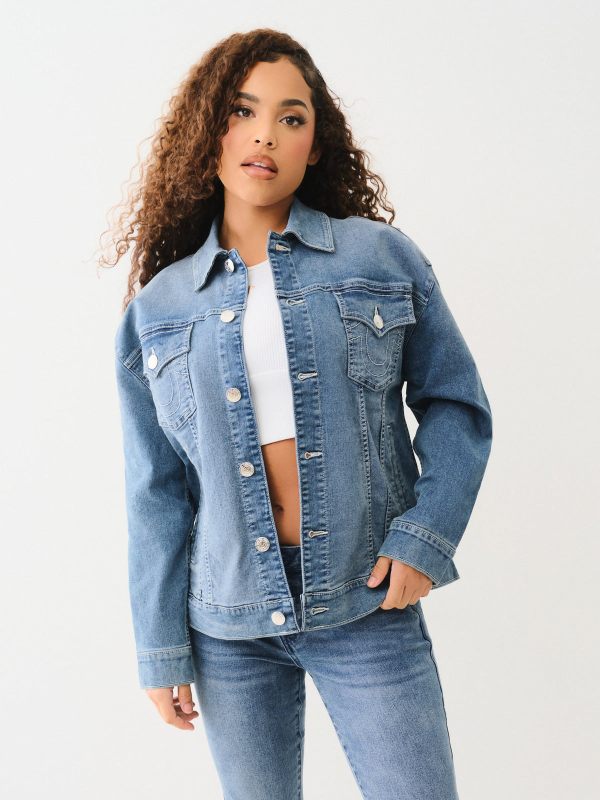 True Religion Oversized Glitter Denim Jacket Medium Wintry Wash