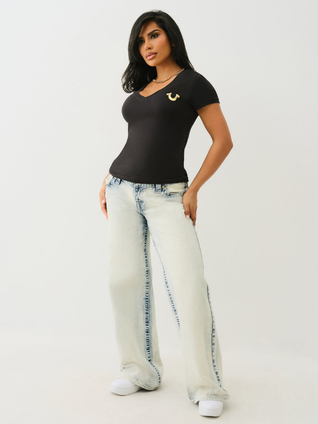 True Religion Outline Crystal Vneck Tee Jet Black