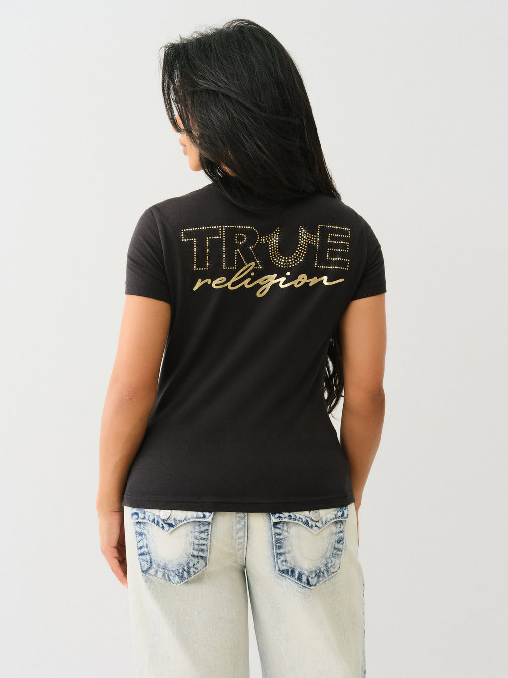 True Religion Outline Crystal Vneck Tee Jet Black