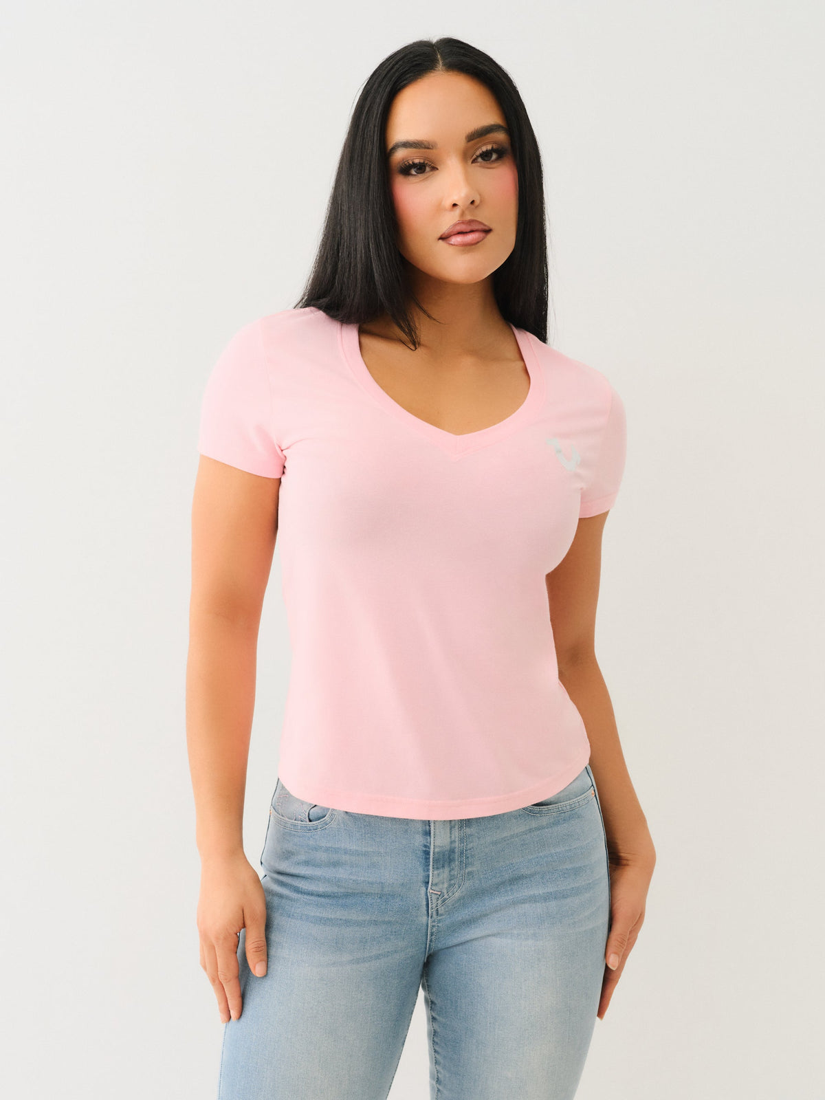 True Religion Outline Crystal Vneck Tee Candy Pink