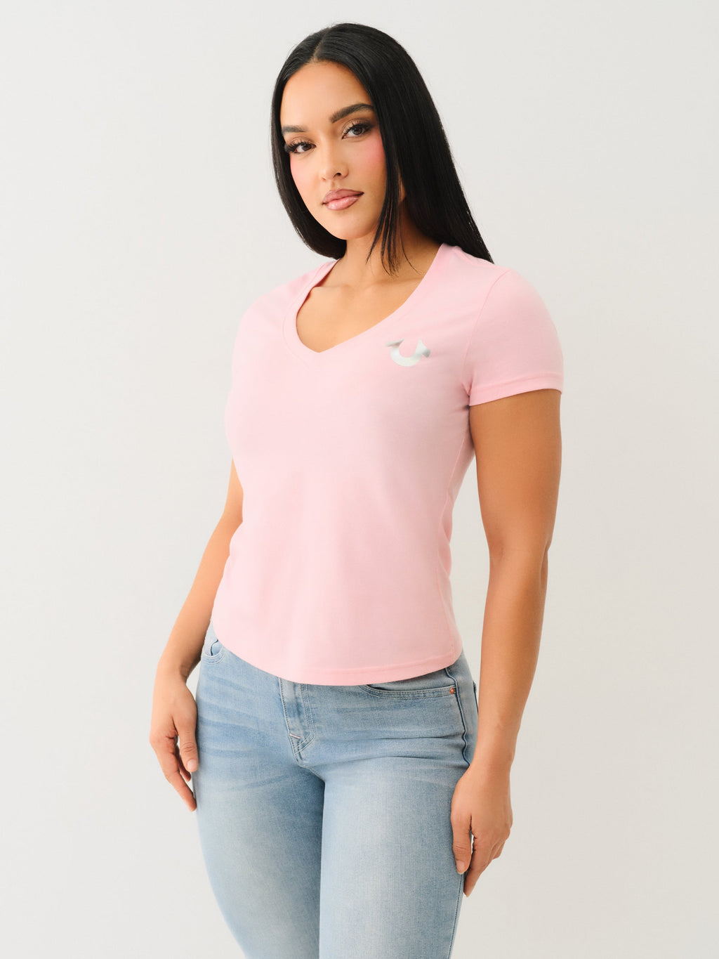 True Religion Outline Crystal Vneck Tee Candy Pink
