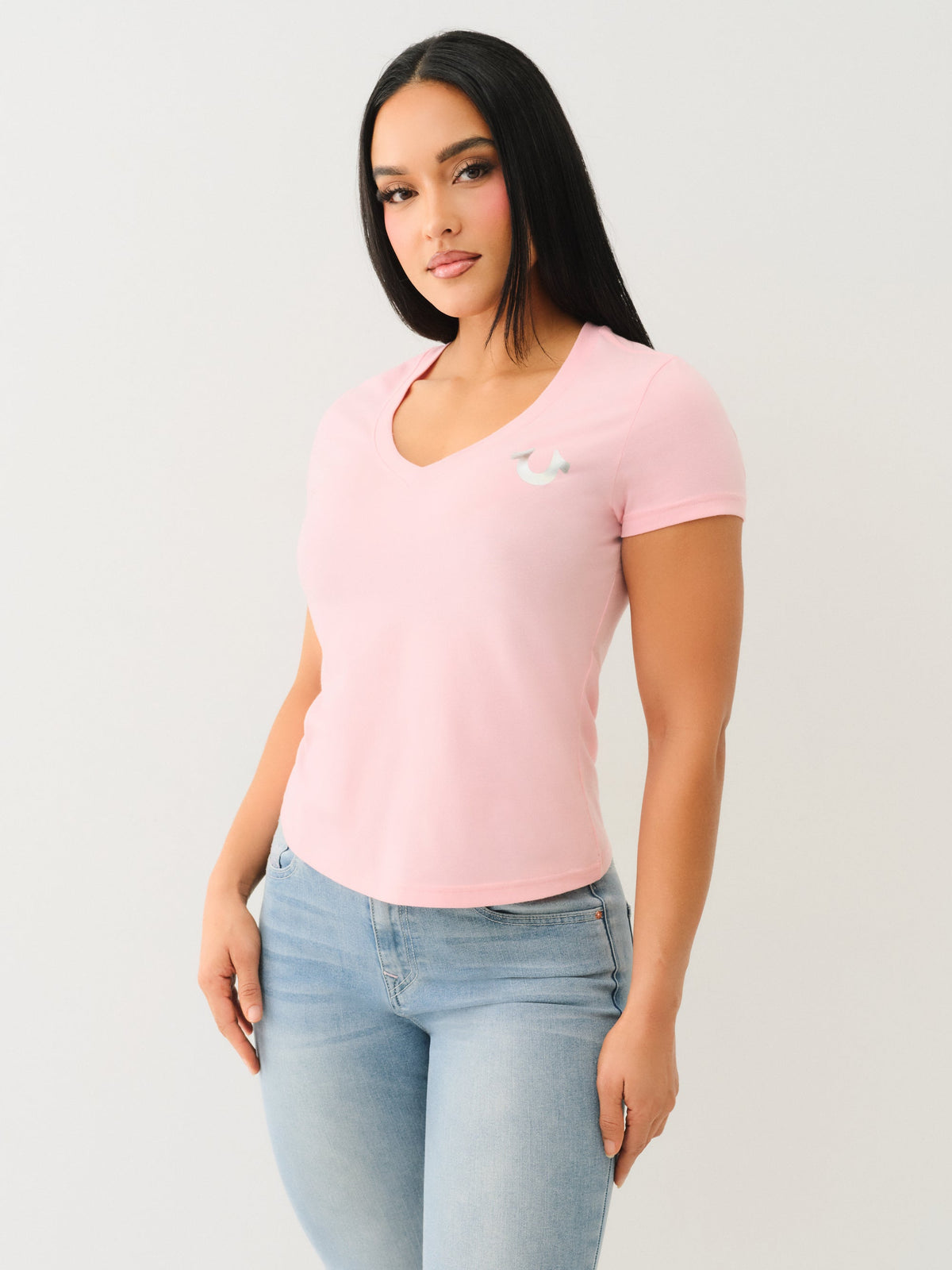 True Religion Outline Crystal Vneck Tee Candy Pink