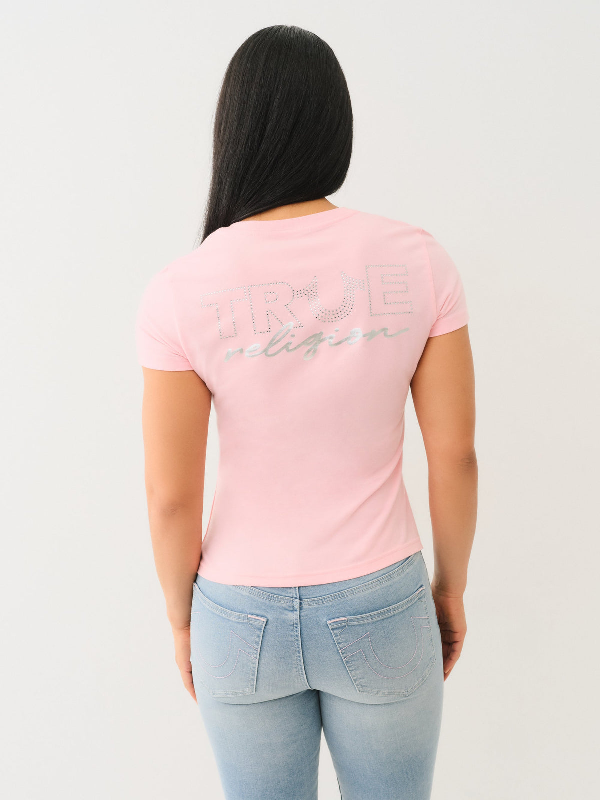 True Religion Outline Crystal Vneck Tee Candy Pink