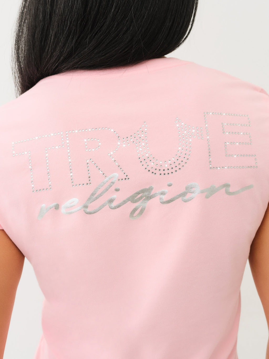 True Religion Outline Crystal Vneck Tee Candy Pink