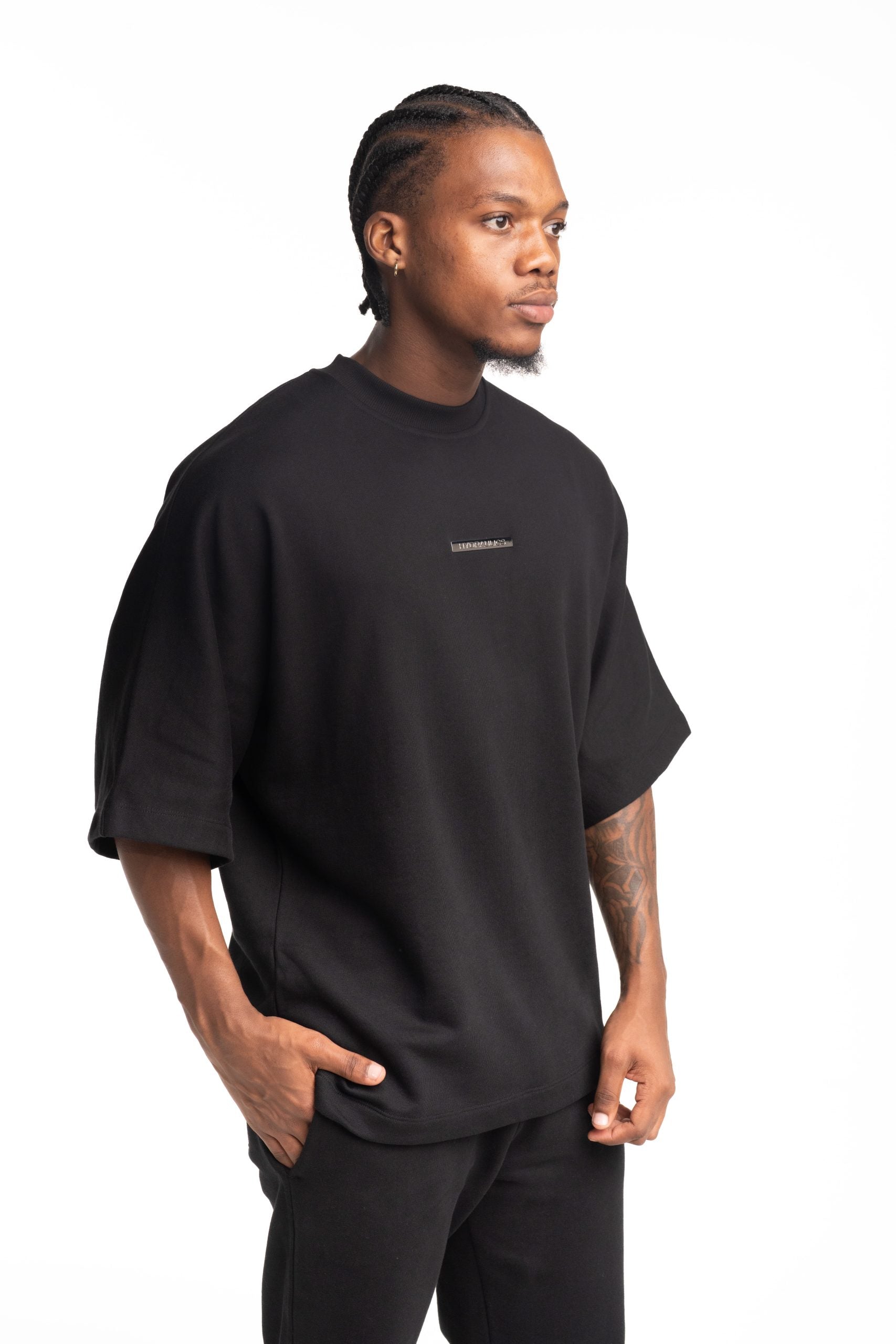 Hydraulics Metal Badge Fleece Super Oversized Fit T Shirt Black |