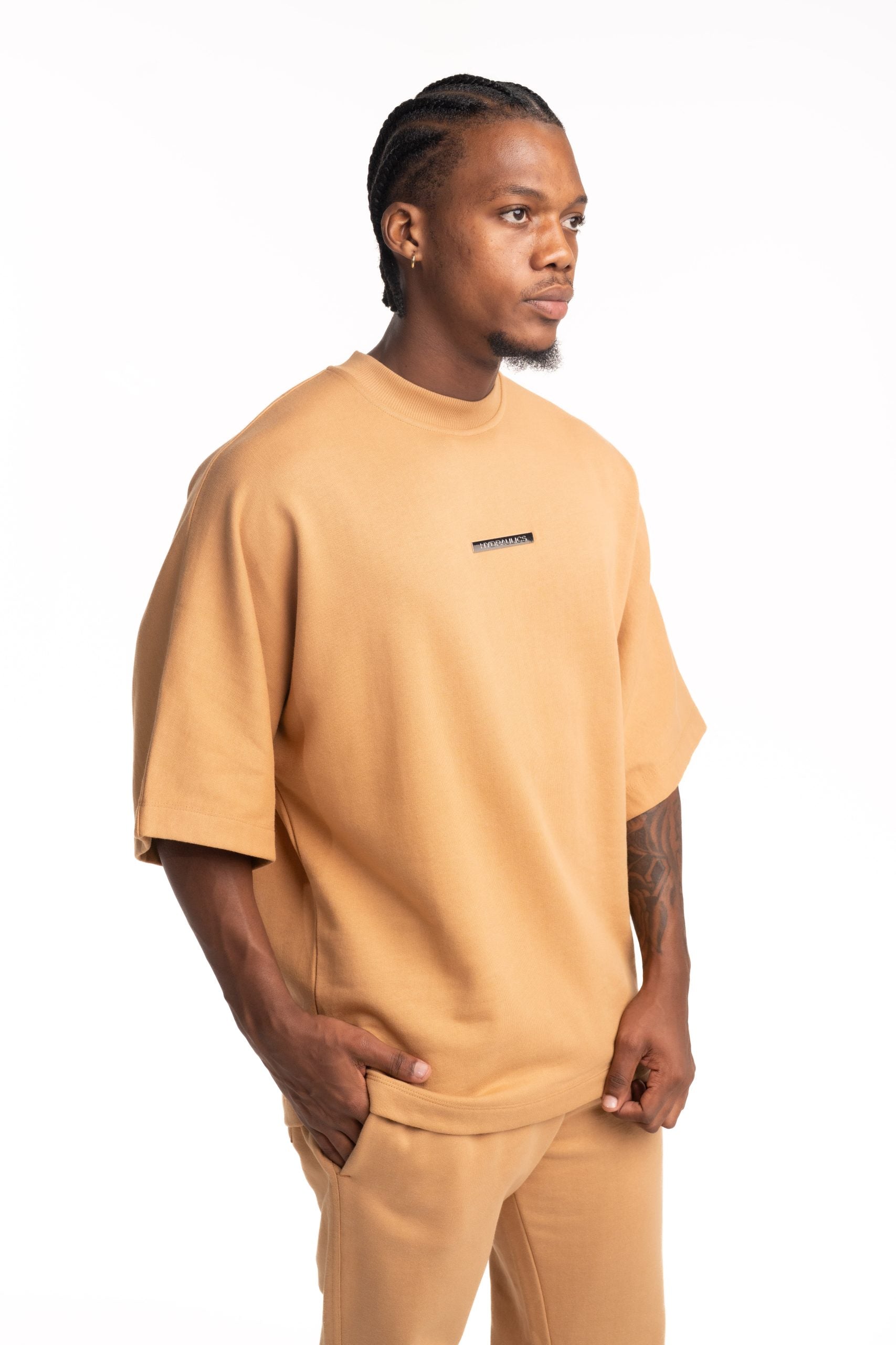 Hydraulics Metal Badge Fleece Super Oversized Fit T Shirt Tan |