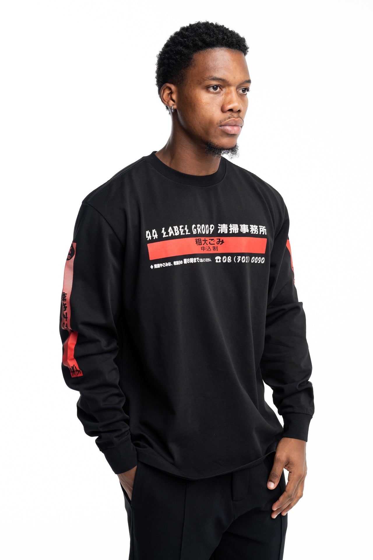 44 Label Group Men's Long Sleeve Tee Black/Stop High Risk Red | FA706-P753