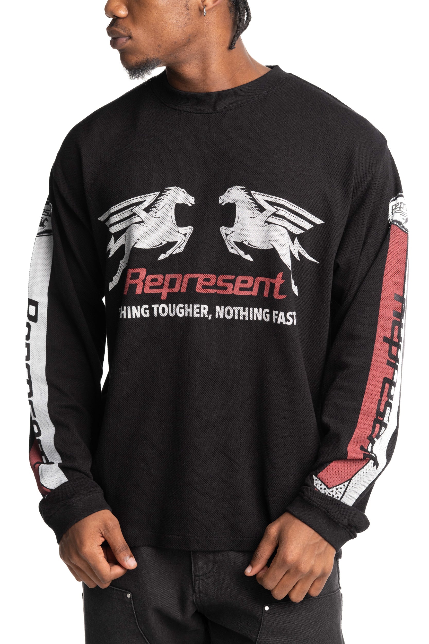 Represent Men's Mesh Pegasus Long Sleeve T Shirt | MLM100781-01-Jet Black