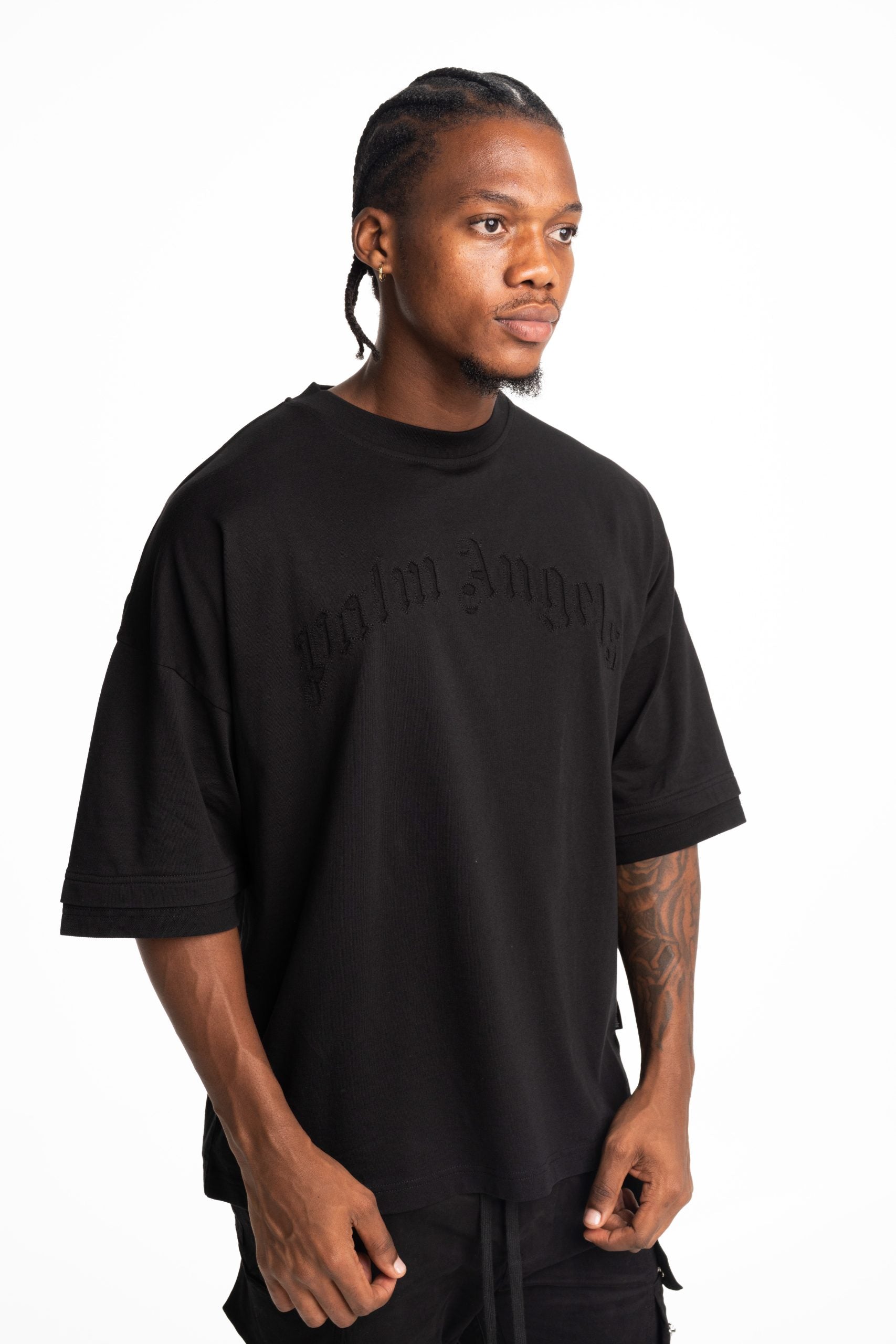 Palm Angels Men's Curved Logo Loose Double Tee | PMAA10QS26JER001-1010