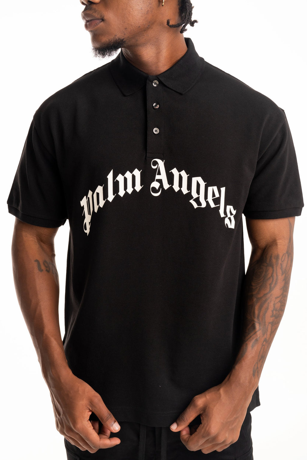 Palm Angels Men's Curved Logo SS Polo | PMGB012S26FAB002-1003