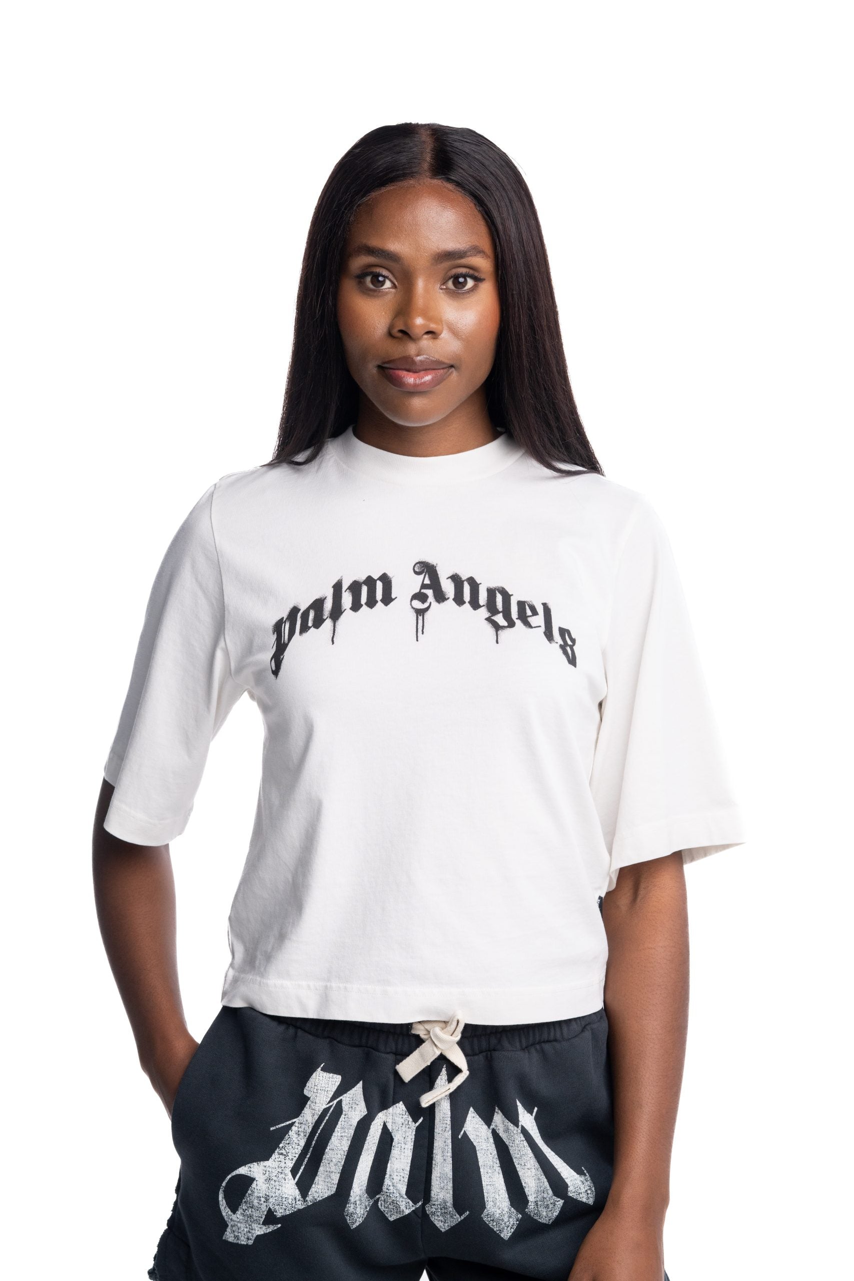 (Core) Palm Angels Ladies Curved Logo Boxy Tee | PWAA079S26JER004-0310