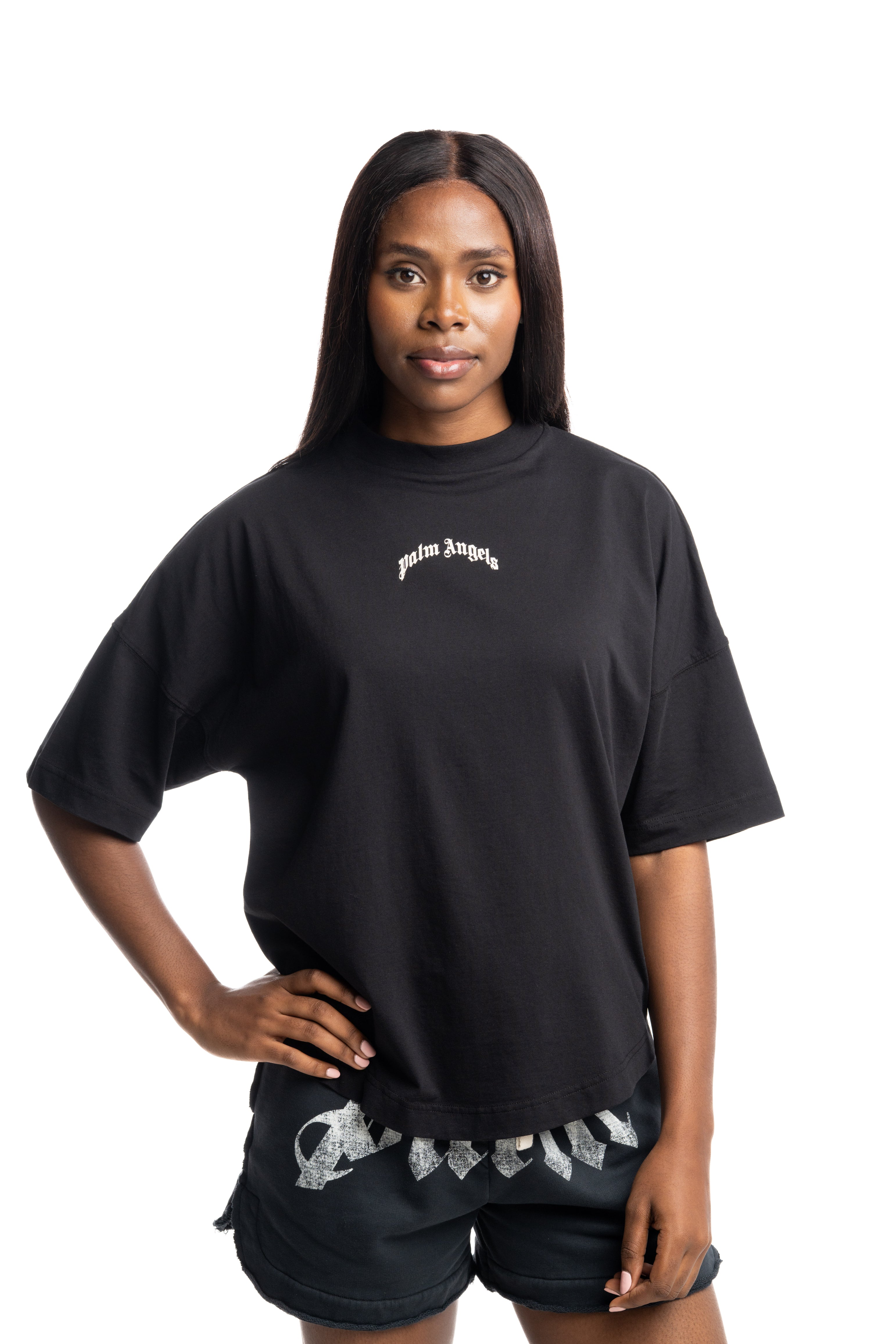 (Core) Palm Angels Ladies Curved Logo Over Tee | PWAA07CS26JER002-100A