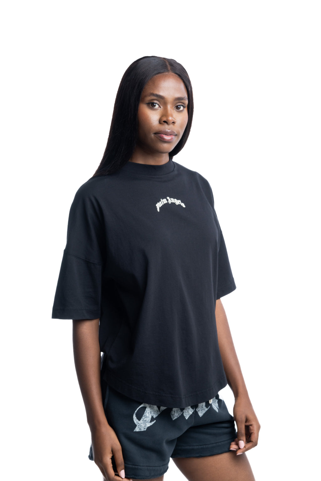 (Core) Palm Angels Ladies Curved Logo Over Tee | PWAA07CS26JER002-100A