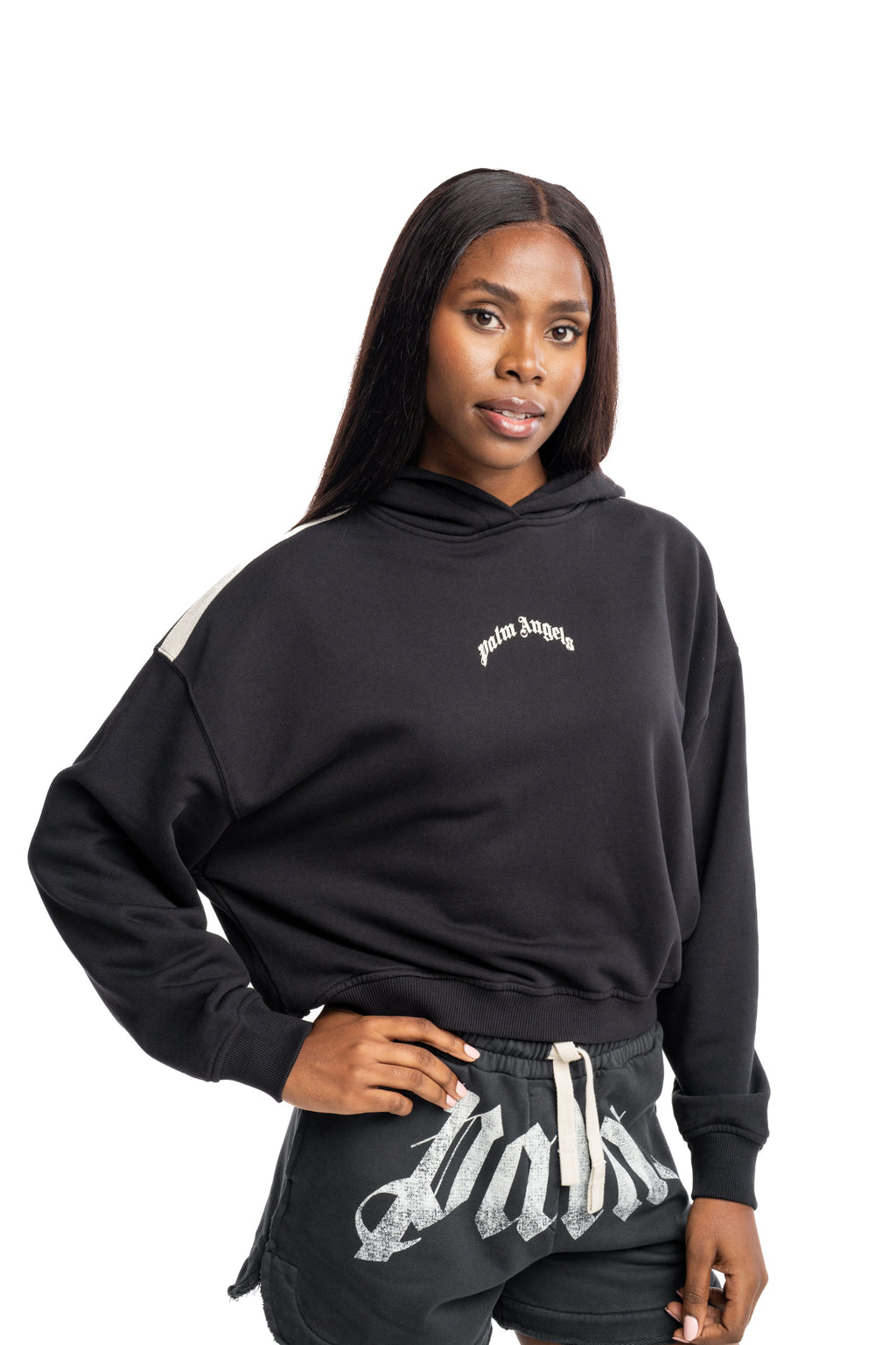 Palm Angels Ladies Curved Logo Loose Crop Hoodie | PWBB076S26FLE001-100A