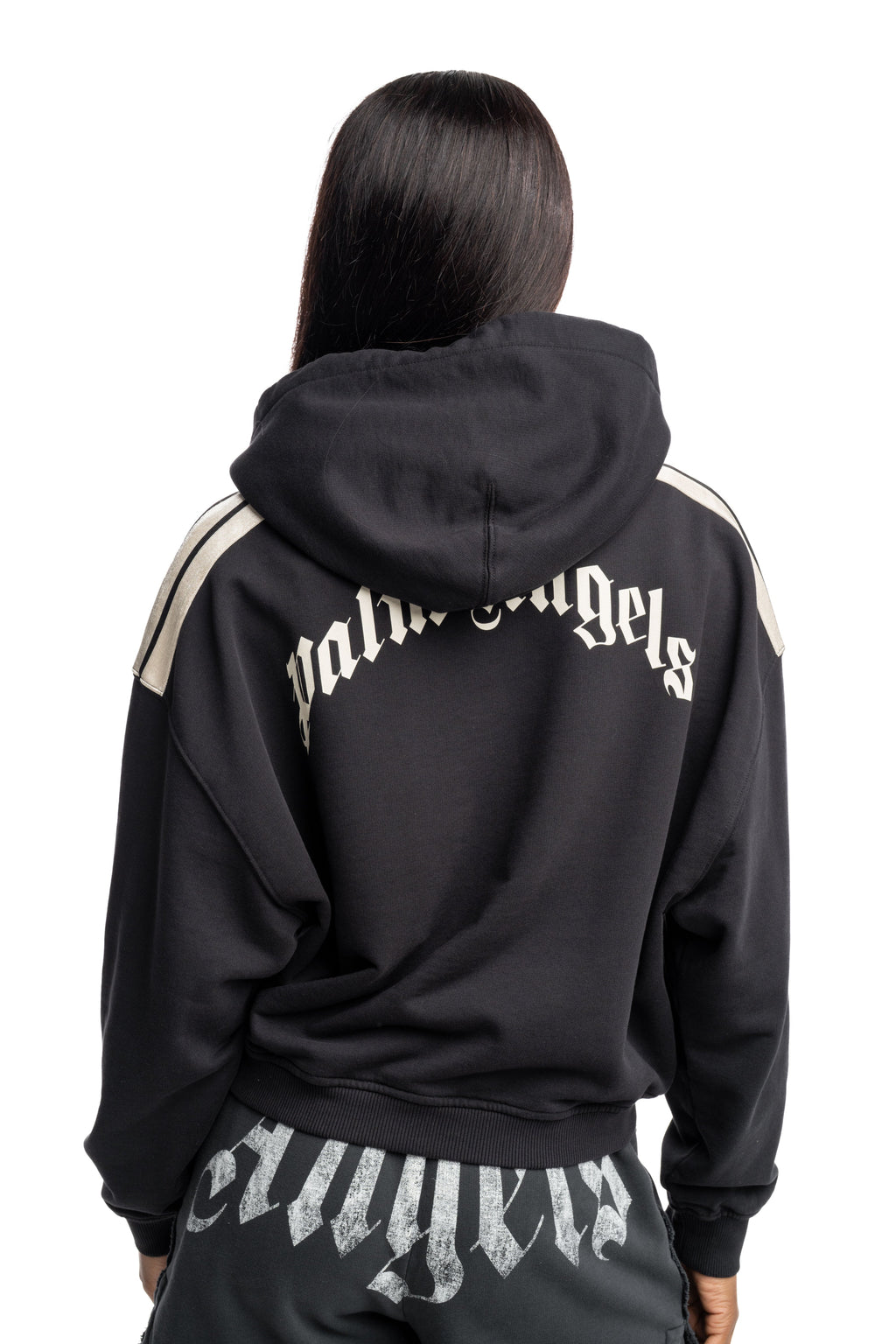Palm Angels Ladies Curved Logo Loose Crop Hoodie | PWBB076S26FLE001-100A